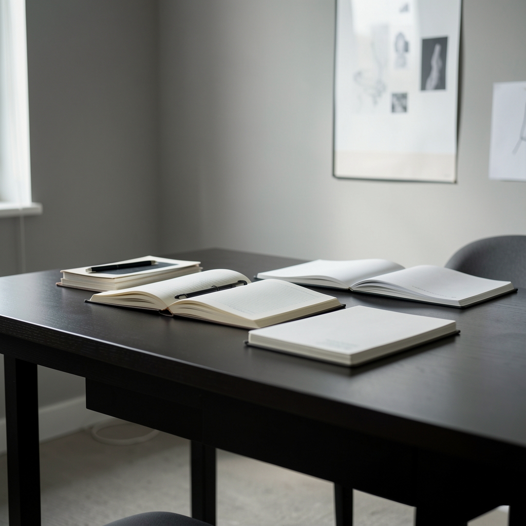 Interior of a minimal editorial workspace with a dark desk, open notebooks and a low-lit environment suggesting focused written work