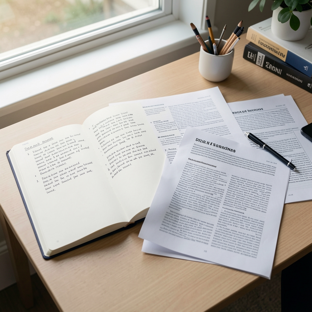 Open editorial notebook showing handwritten research notes alongside printed journal articles spread on a clean desk surface under natural window light