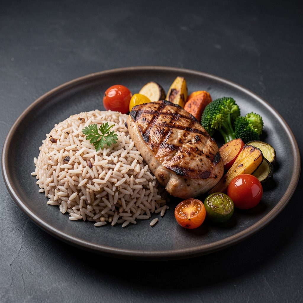 Close-up of a balanced meal plate featuring brown rice, grilled protein and colourful roasted vegetables on a dark ceramic surface under studio lighting