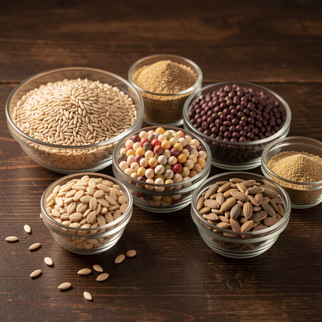 An assortment of whole grains, legumes and seeds displayed in small glass bowls on a dark wooden surface with controlled warm studio lighting