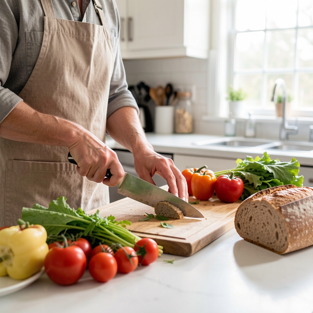 A person preparing a meal at a kitchen counter with fresh vegetables and whole grain bread visible, photographed in natural daylight