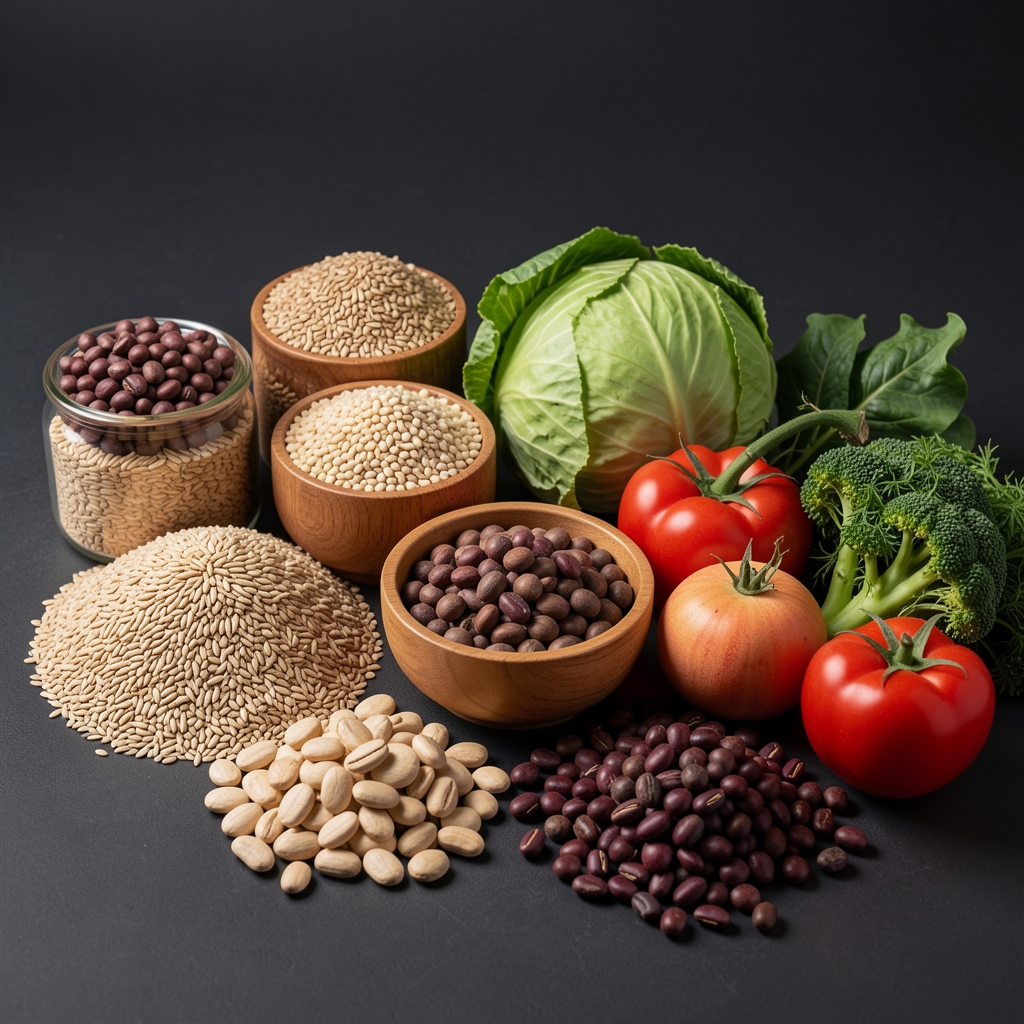 Assorted whole foods including grains, legumes and fresh vegetables arranged on a dark surface under controlled studio lighting