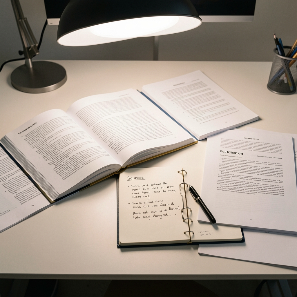 Open research journal and printed peer-reviewed papers spread across a clean desk with a notebook showing handwritten source notes under overhead studio lighting